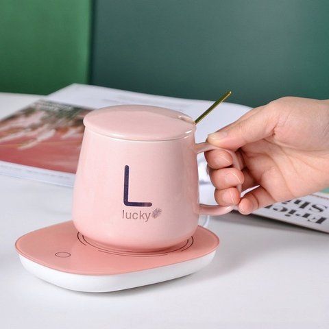 Чашка керамічна рожева з підставкою - підігрівом, зарядкою USB і ложечкою в упаковці-пакеті, 350мл 3329 фото